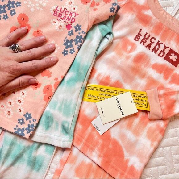 Lucky Brand NEW Long Sleeve Pajama Set Girls sz 4 NWT Coral Orange White Tie-Dye - Picture 4 of 4
